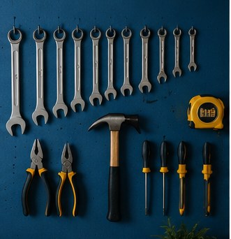 Organisert verktøyvegg med hammer, nøkler og målebånd