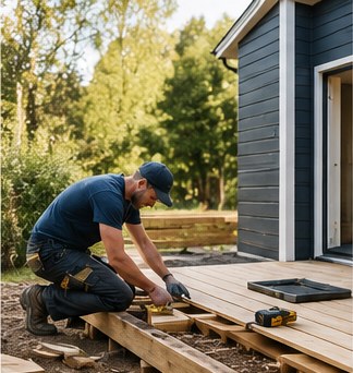 Håndverker som reparerer terrasse ved norsk bolig