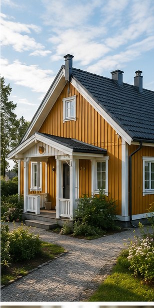 Gult norsk hus med mørkt tak og grusvei