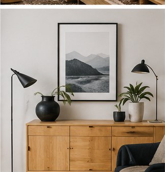 Nordisk interiør med kommode, planter og veggbilde