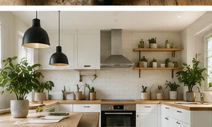 Lyst kjøkken med grønne planter og trebenk